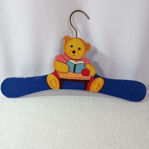Child’s Wooden Hanger Bear Reading Book Apple Blue Nursery Decor Cute